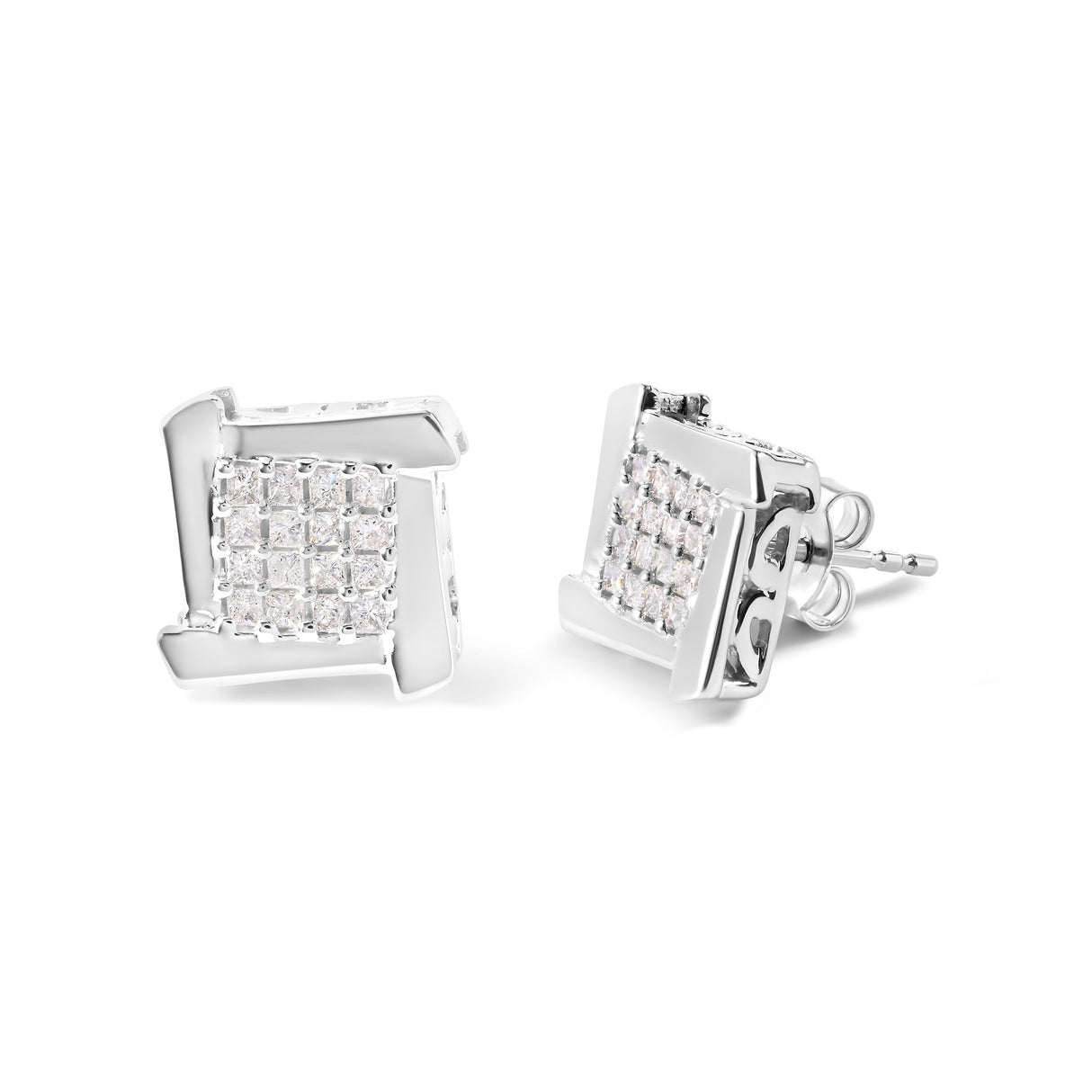 10K White Gold 1/2 Cttw Composite Princess Diamond Square and Swirl Stud Earrings (I-J Color, I1-I2 Clarity)