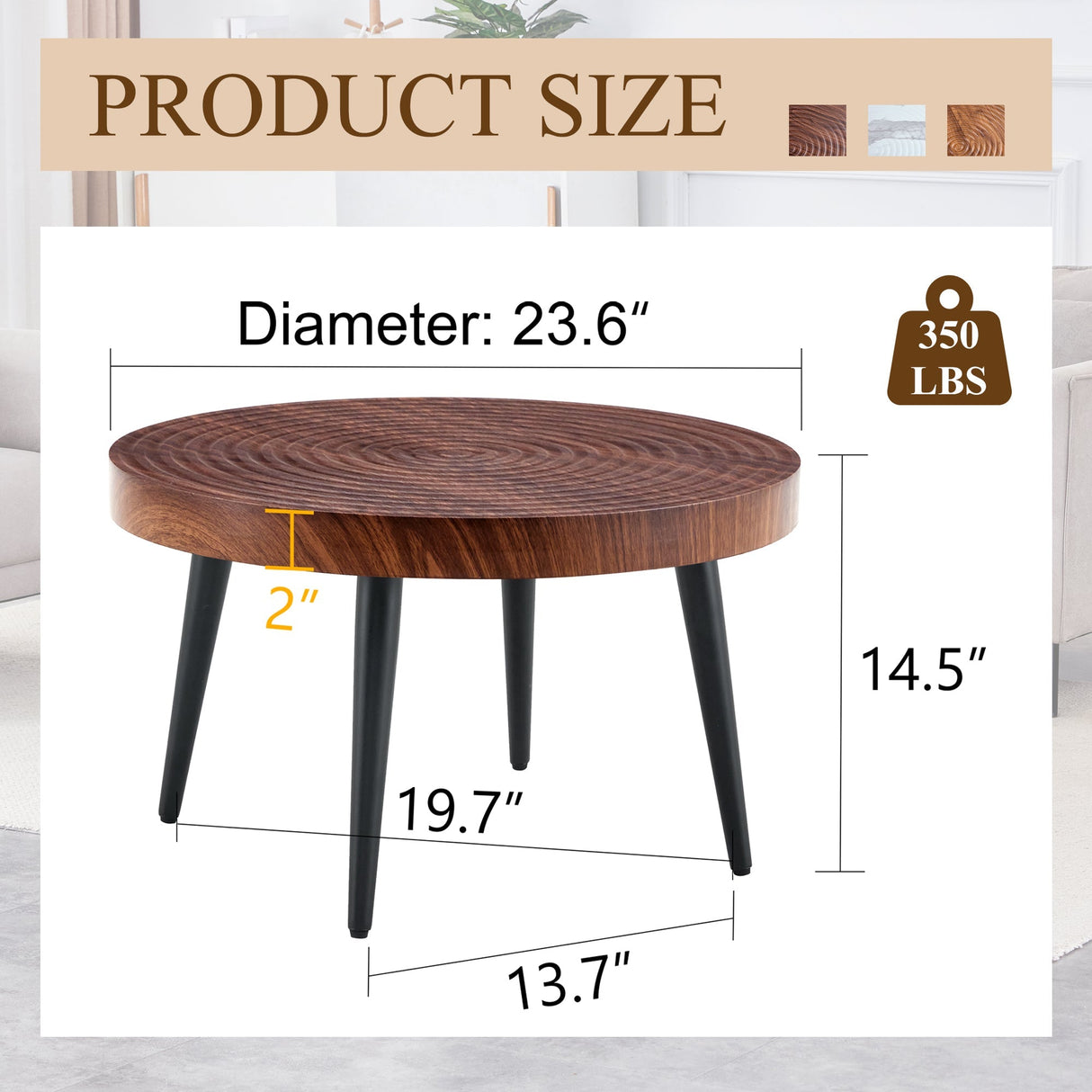 Modern Round Coffee Table - Walnut Pattern MDF And Black Metal Legs