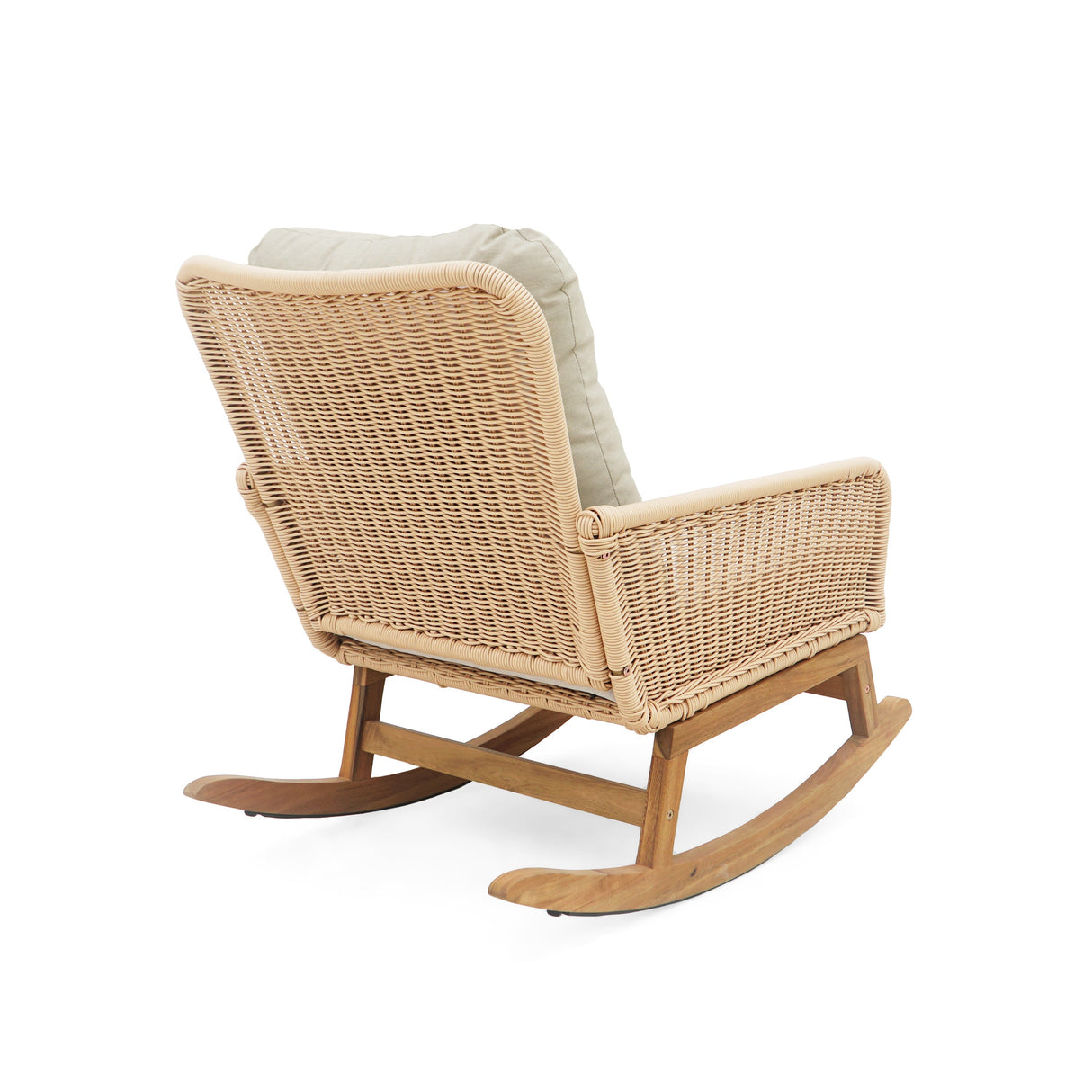 Contemporary Minimalist Beige Wicker Rocking Chair with Soft Cushions