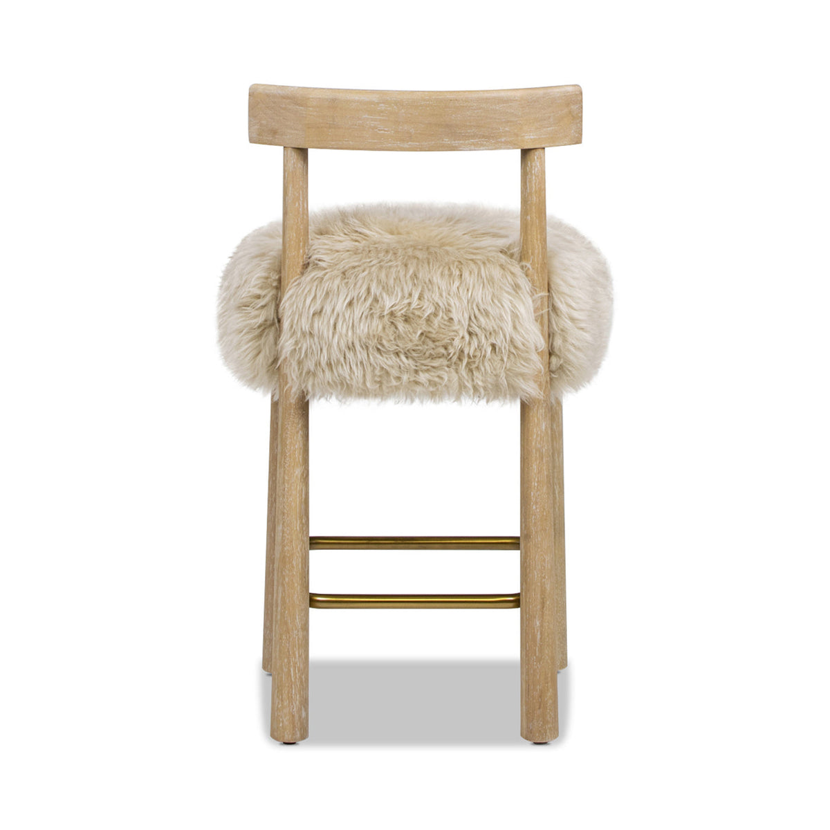 Genuine Fur Counter Height Bar Stool with Brass Footrest - Light Wood