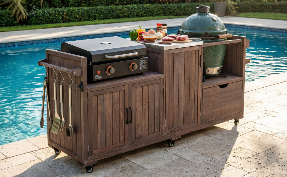 K&K 80.5' Outdoor Kitchen Island for Big Green Egg & Blackstone Griddle