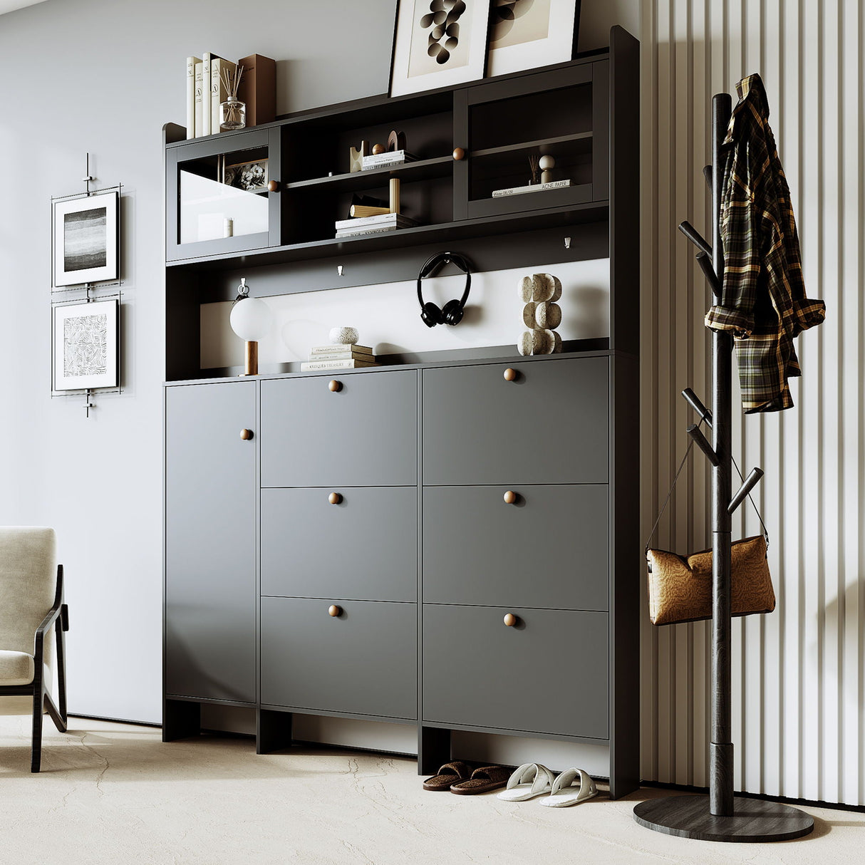 On Trend Multifunctional Tipping Bucket Shoe Cabinet With Storage Shelf & 6 Flip Drawers