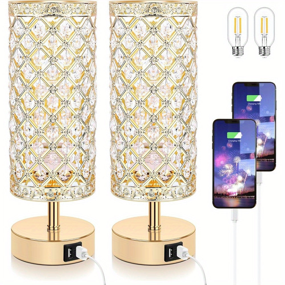Set of 2 Crystal Table Lamps – Touch Control USB Bedside Lights, 3-Way Dimmable