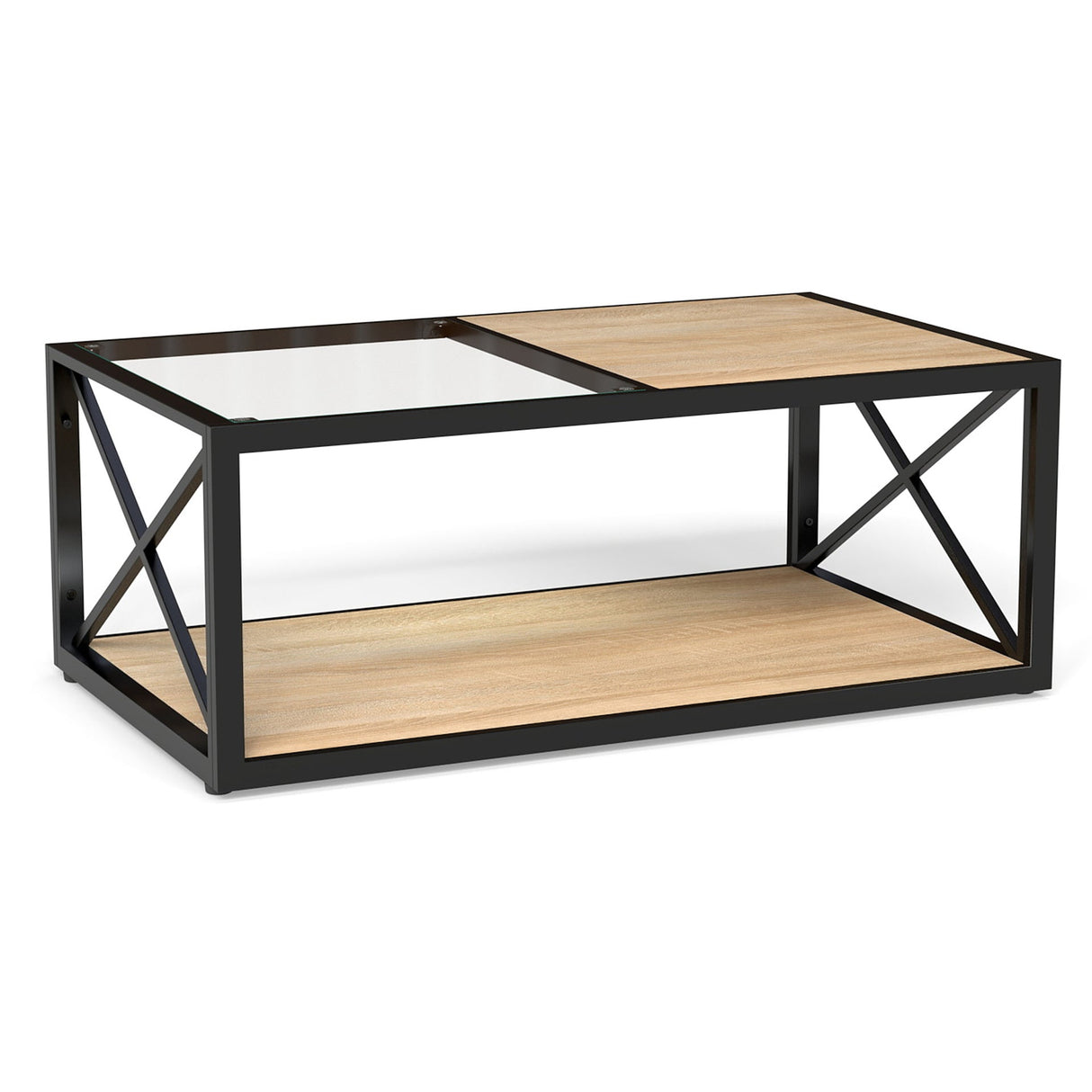 Modern Coffee Table with Tempered Glass and Natural Wood MDF Top