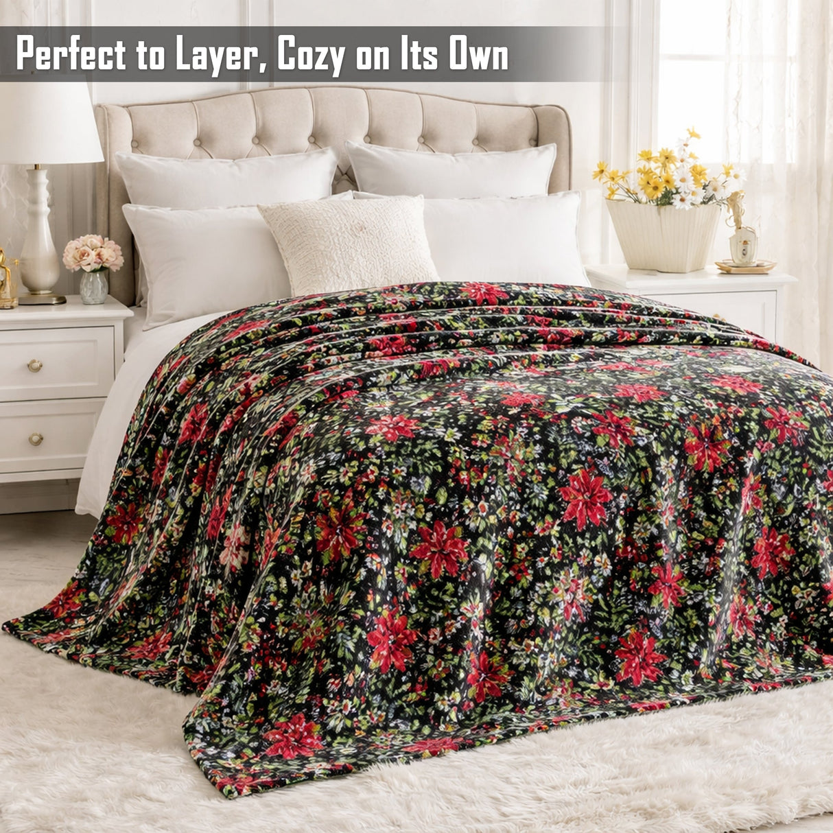 Poinsettia Oversized Jacquard Luxe Plush Holiday Throw Blanket (50" x 70")
