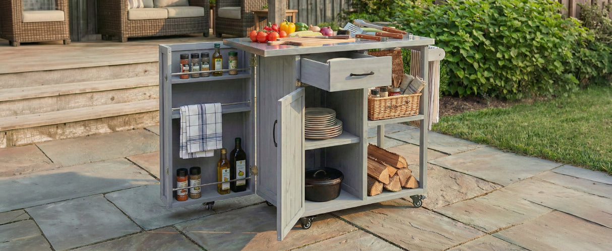 Outdoor Kitchen Island Fir Wood Prep Station with Stainless Steel Top