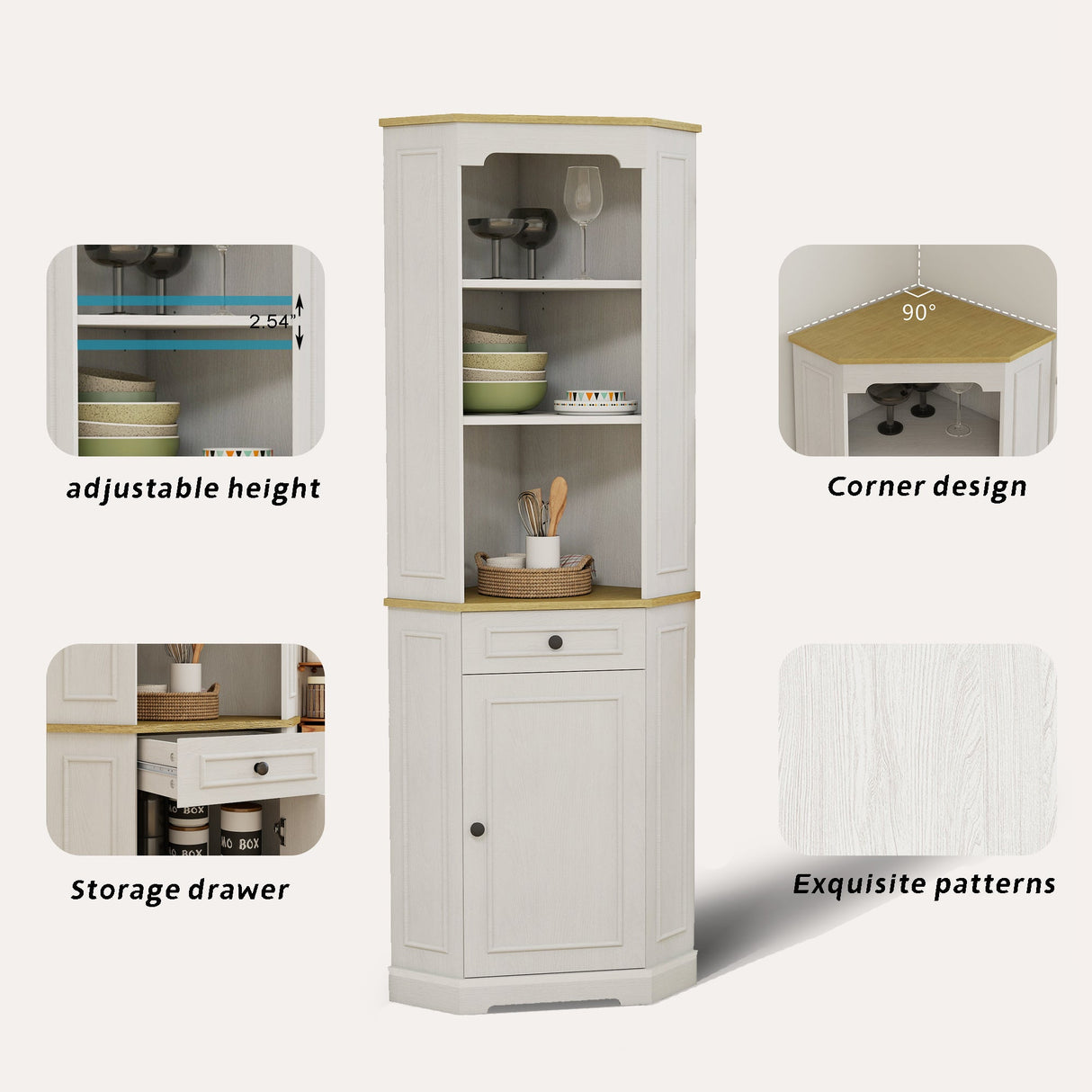 68" Tall Corner Cabinet with Door, Drawer, and Adjustable Shelf