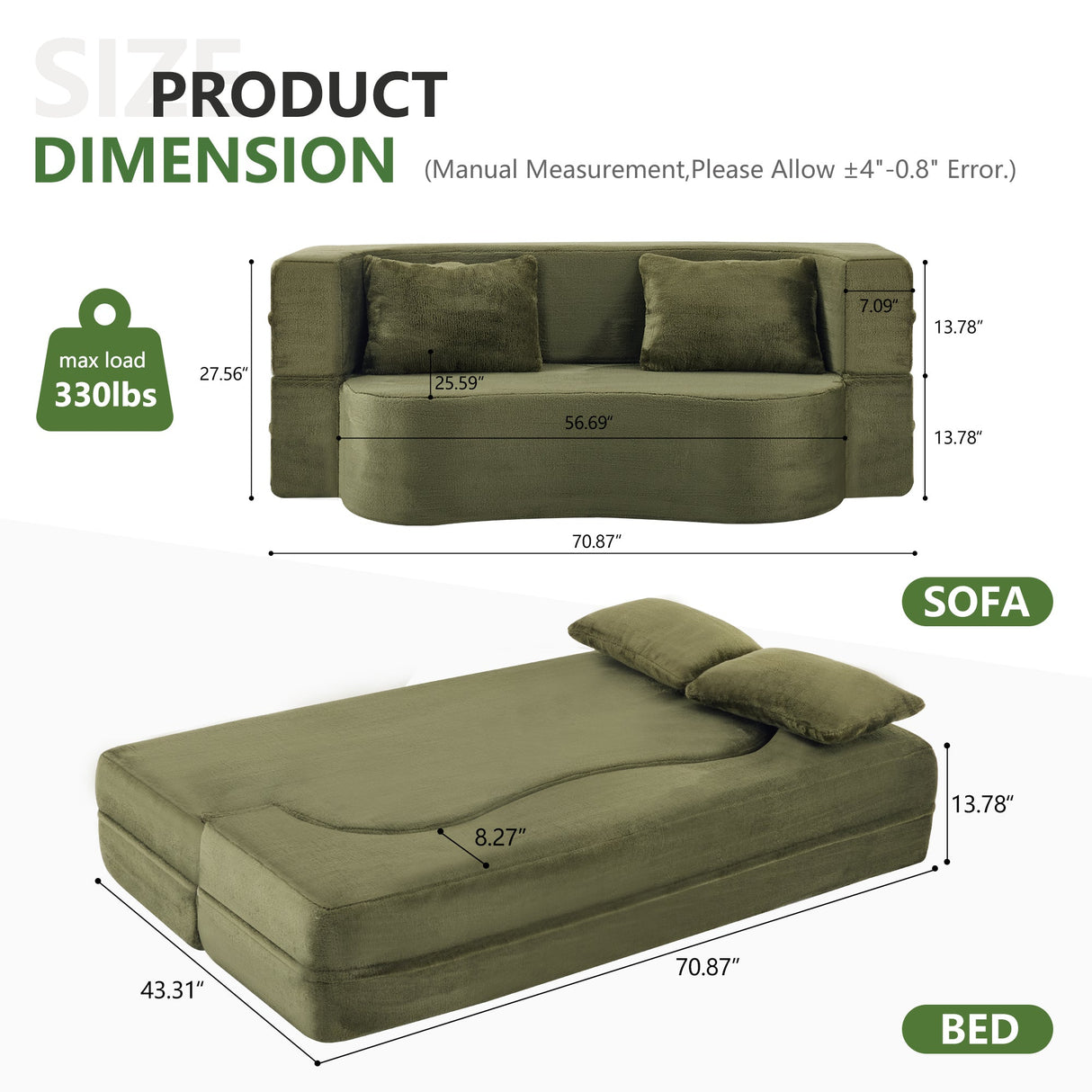 71-Inch Folding Sofa Bed in Green Plush Faux Fur