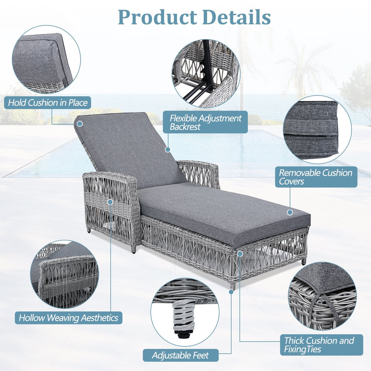 GO Outdoor Long Reclining Chaise with Armrests and Cushions