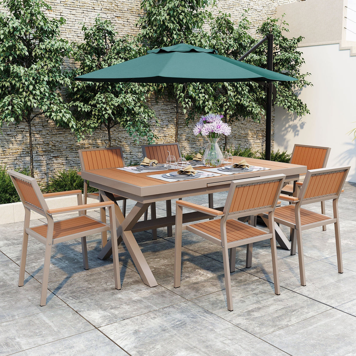 Outdoor Dining Set with Extendable Table and Six Chairs