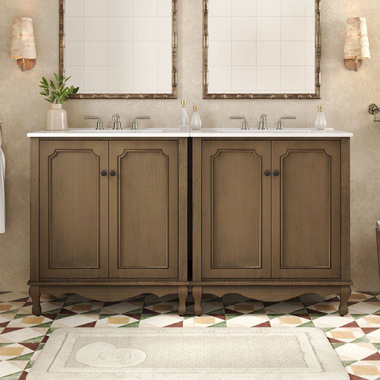 Vintage Double Sink Bathroom Vanity Set With Ceramic Sinks