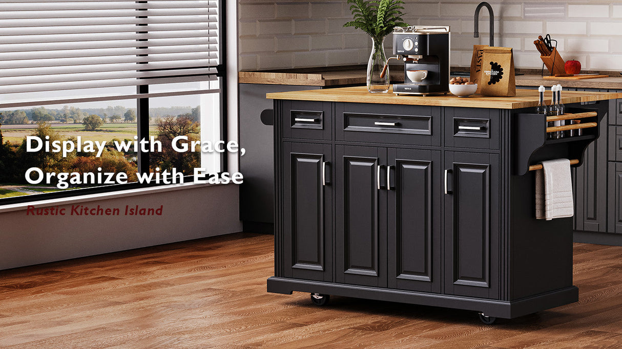 K&K 54 Inch Large Kitchen Island with Rubber Wood Drop Leaf
