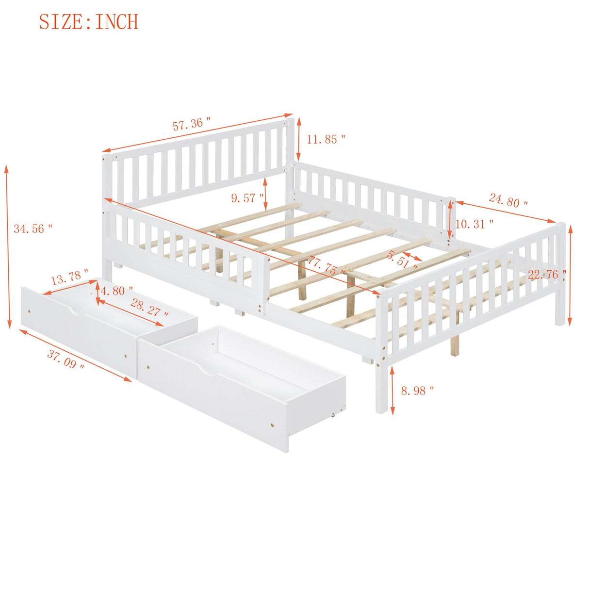 Platform Bed With Guardrails On Both Sides And 2 Storage Drawers