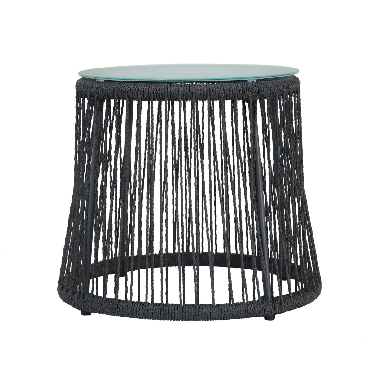 Boho Southport Side Table with Glass Top Woven Rope and Iron Frame Gray
