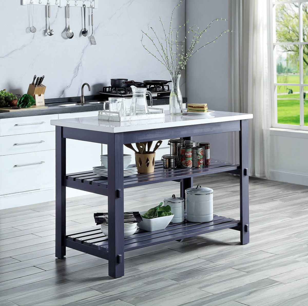 Enapay Marble Top Kitchen Island in Gray