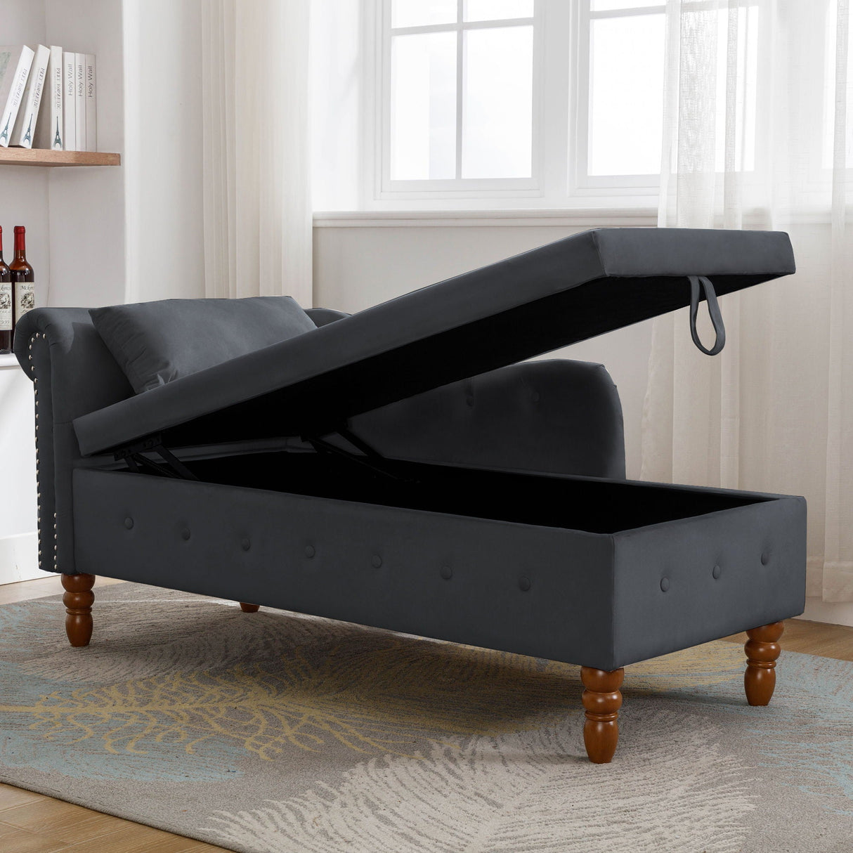 Chaise Lounge Indoor, Lounge Chair For Bedroom With Storage & Pillow, Modern Upholstered Rolled Arm Chase Lounge For Sleeping With Nailhead Trim For Living Room Bedroom Office
