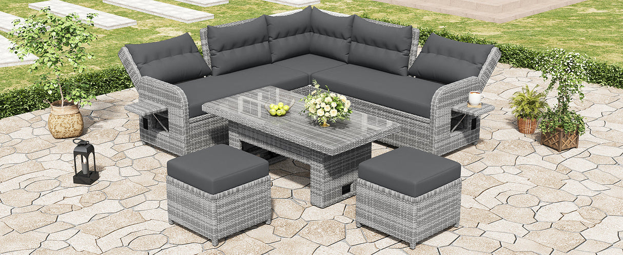 Outdoor Furniture Set Patio Rattan Furniture with Adjustable Table, Recliners, Side Tables, Ottomans
