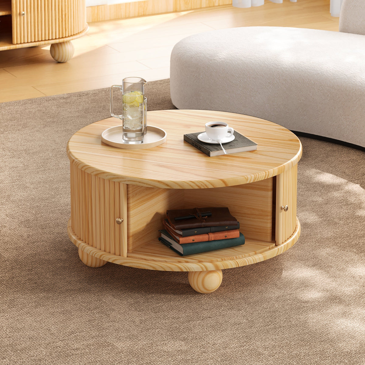 Round Fluted Coffee Table with Storage - Pine Solid Wood
