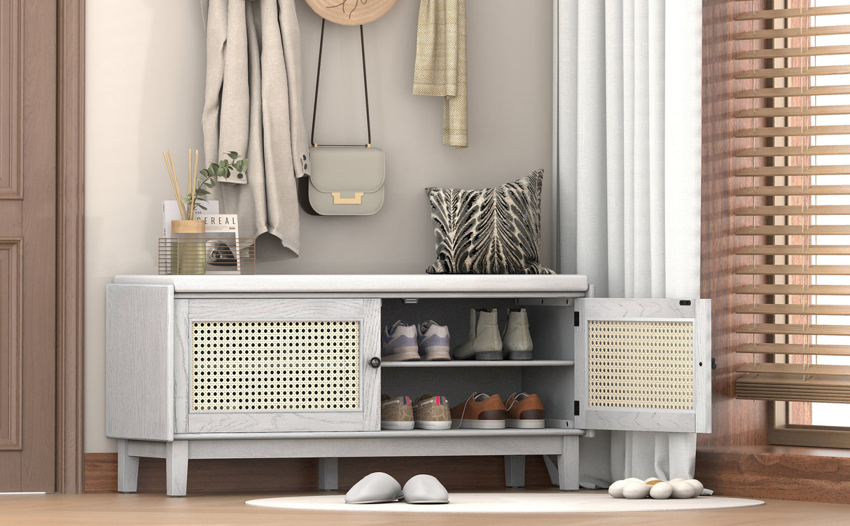 TREXM Boho Rattan Entryway Bench with Storage