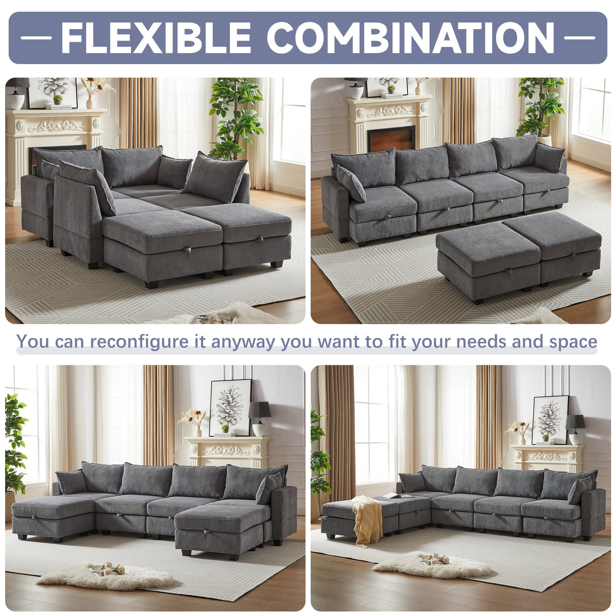 113.5'' Modular Sectional Corduroy Sofa with Storage Ottoman