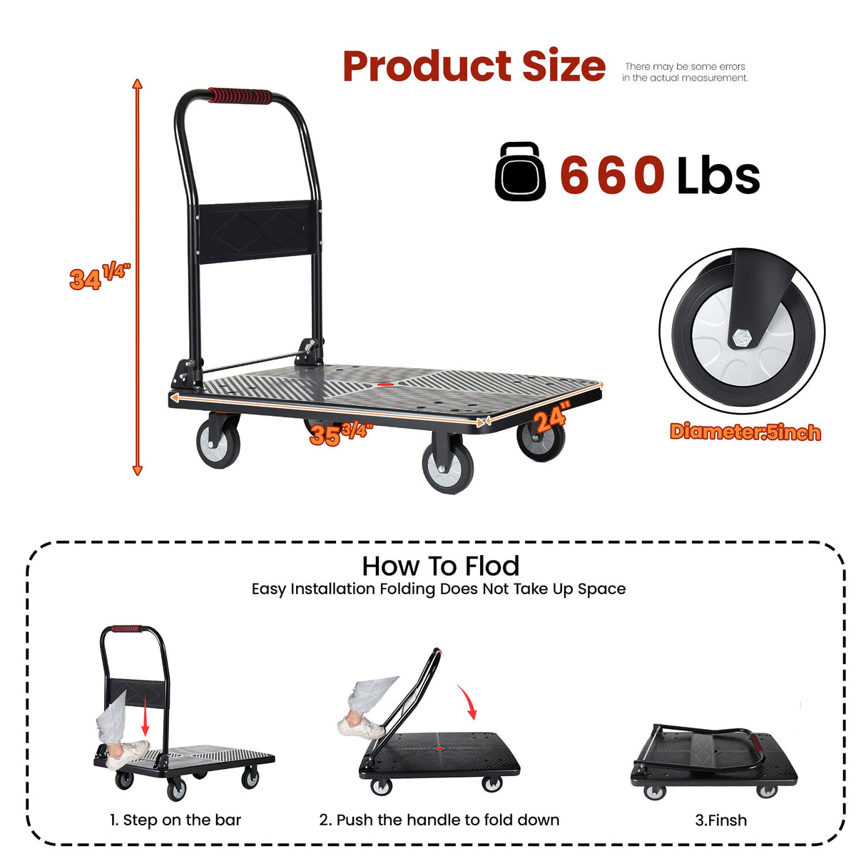 35-3/4" Long x 24" Wide Platform Truck - Foldable Handcart