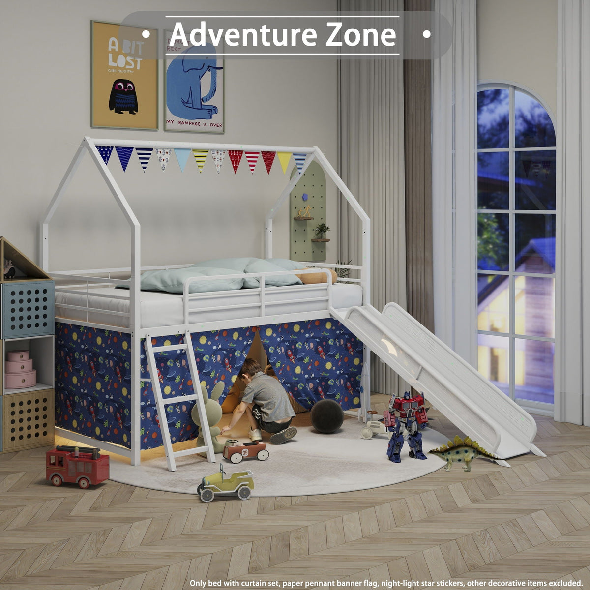 Jack - House Loft Bed With Slide And Curtain Set