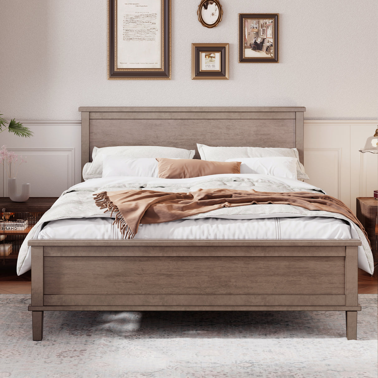 Mid-Century-Wood-Platform-Bed-with-Headboard,-King-Size,-Brown-Beds-&-Bed-Frames