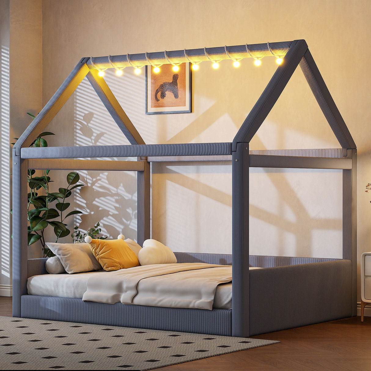 Upholstered House Style Daybed With LED Light Strips