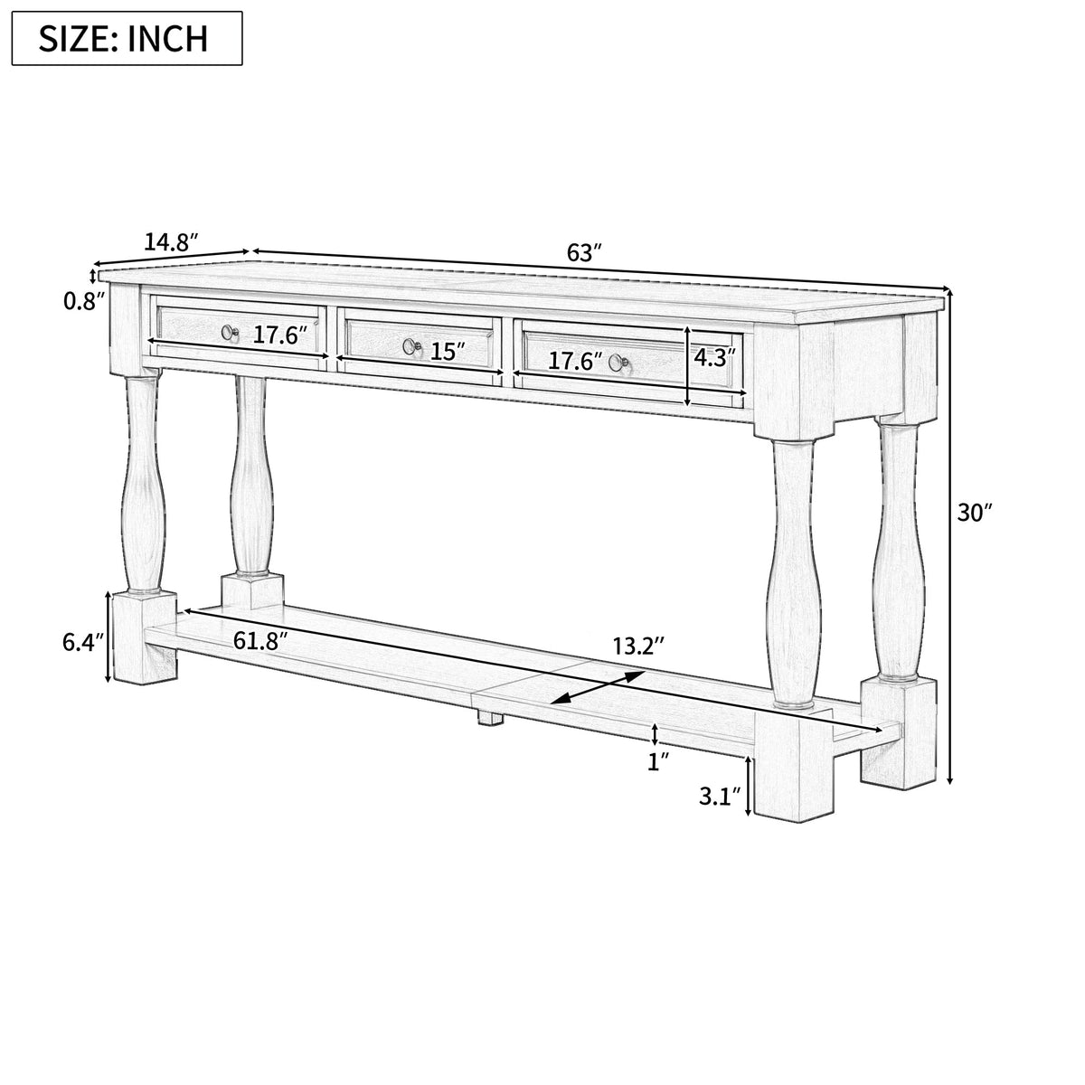 TREXM 63" Long Console Table with Drawers and Shelf