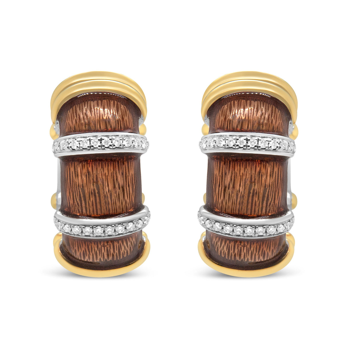 18K Yellow and White Gold Flash Plated .925 Sterling Silver Clear Brown Enamel 9/10 Cttw Round Diamonds Huggie Hoop Earrings (F-G Color, VS1-VS2 Clarity)