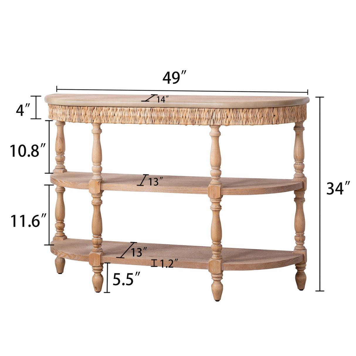 Handcrafted Wood Console Table with Hand-Woven Trim, 3-Tier Storage Shelves, Oval Entryway Table with Carved Legs, Rustic Coastal Farmhouse Accent Table, 49' Hallway Sofa Table