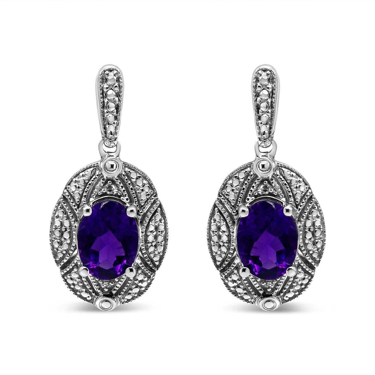 .925 Sterling Silver Diamond Accent and 8x6mm Purple Oval Amethyst Stud Earrings (I-J Color, I1-I2 Clarity)