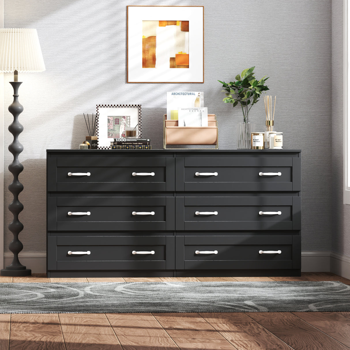 Modern-black-side-cabinet-with-6-drawers-,--Wood-Chest-of-Drawers-with-Metal-Handle,--Storage-Organizer-for-Living-Room-,-Bedroom-or-Hallway,-Black-Dressers