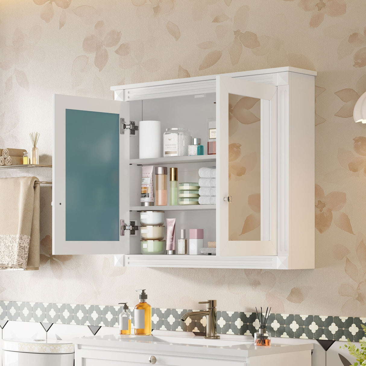 Wall-Mounted Medicine Cabinet with 2 Mirrors and Adjustable Shelves