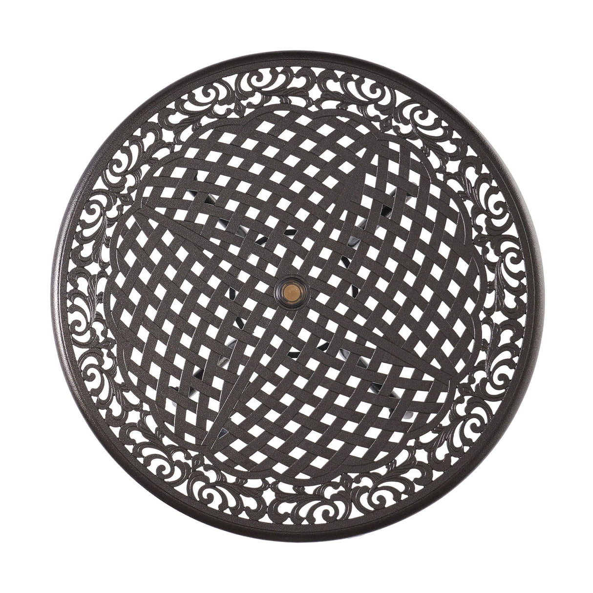 Tranquilius - Outdoor Round Dining Table With Lattice Tabletop, Umbrella Hole And Curved Legs