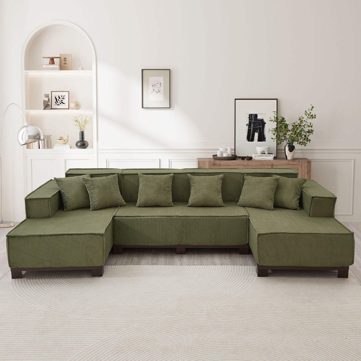 U-Shaped Sectional Sofa With RGB LED Light Strip And 6 Pillows