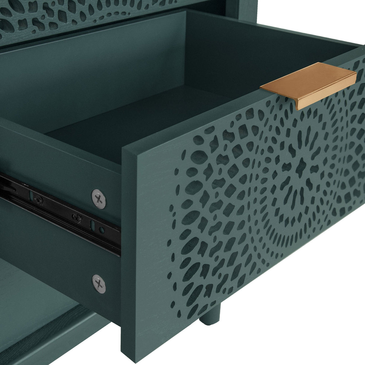 Blackish Green Hollow-Carved 3-Drawer Dresser with Metal Handles
