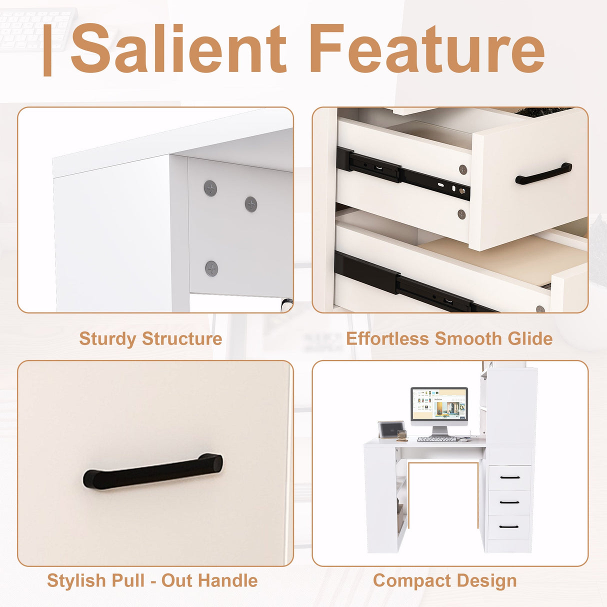 White Computer Desk with 4-in-1 Socket and Storage Options