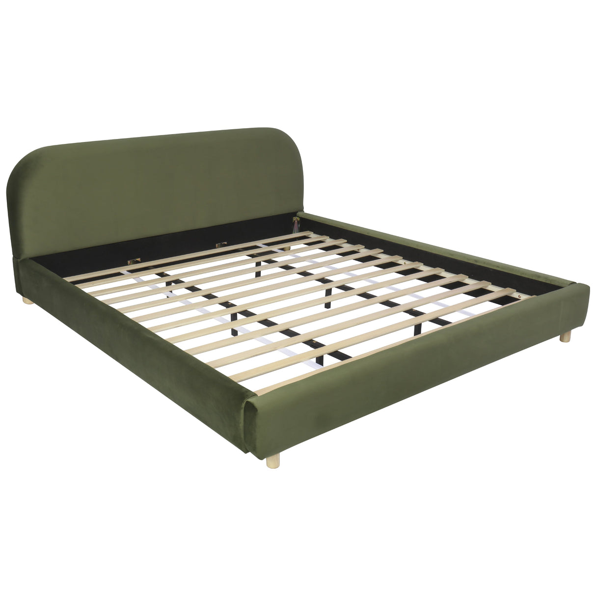 California King Size Upholstered Bed Frame With Velvet Fabric And Curve Design Thick Headboard, Solid Wood Legs, Olive