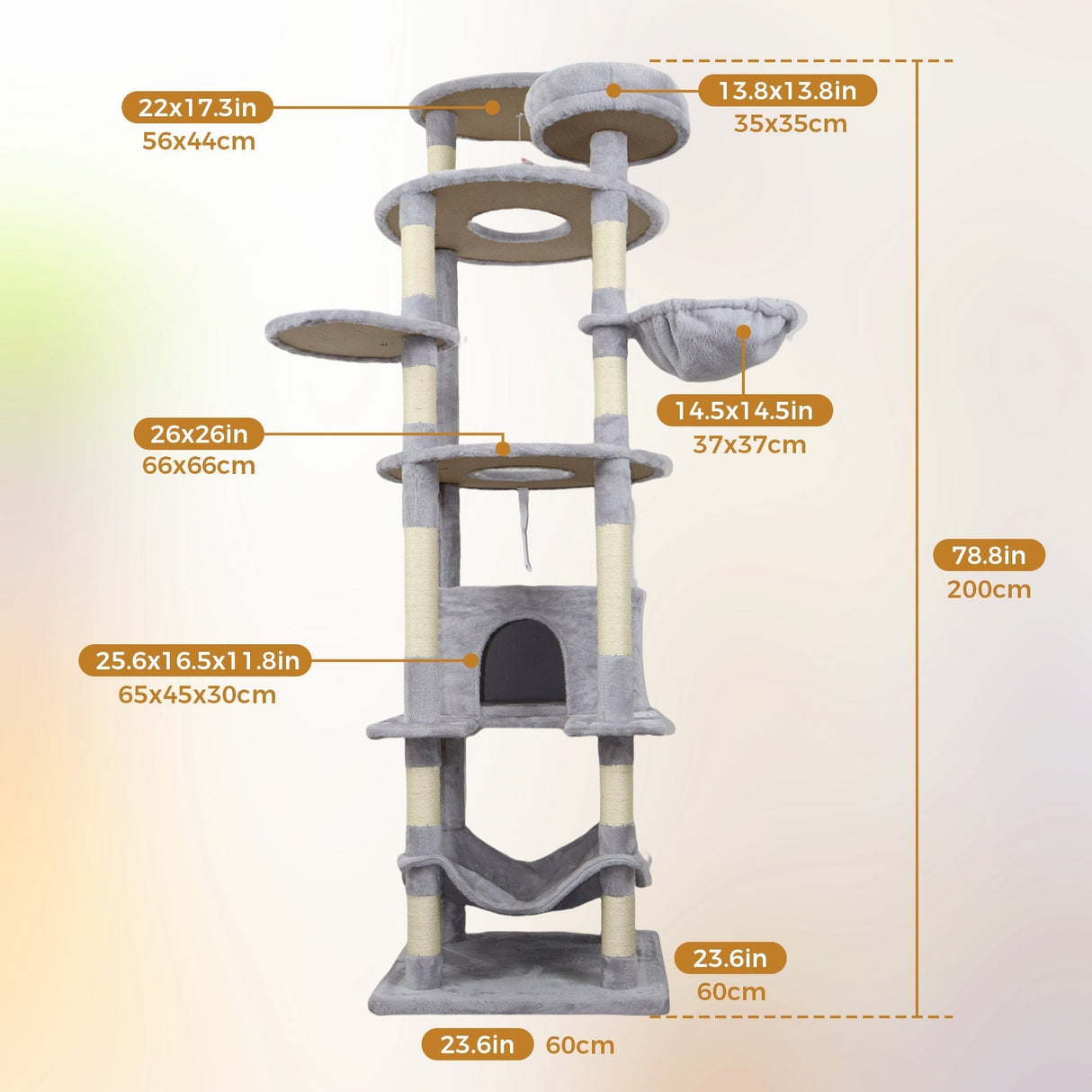 Gray Cat Tree with 3 Condos and Sisal Scratching Posts