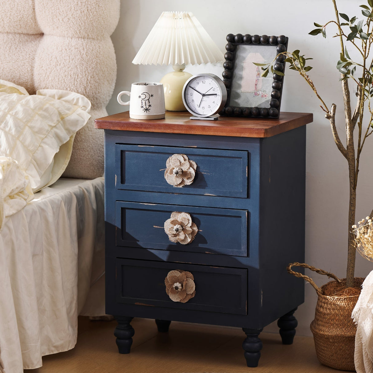 Rustic Dark Blue 3-Drawer Wooden Cabinet with Aged Finish & Floral Handles