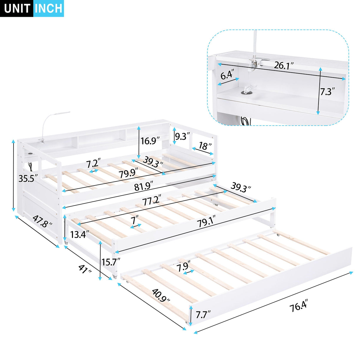 Daybed With 2 Trundles, 3 Storage Cubbies, Built In USB Charging Light