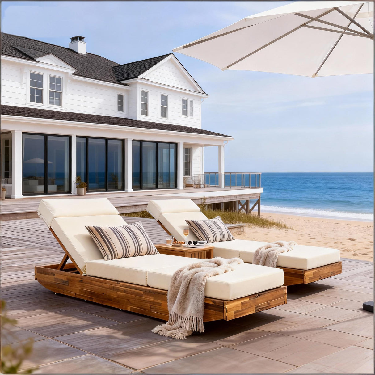 Modern Acacia Wood Outdoor Chaise Lounge with Beige Cushion