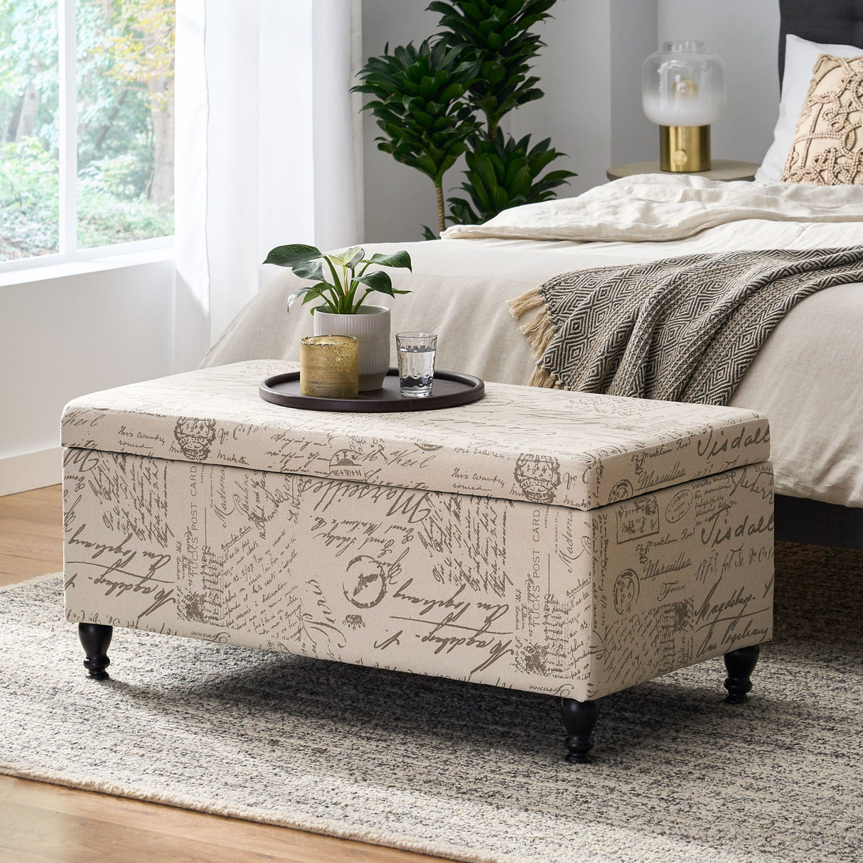 Parisian Upholstered Fabric Storage Ottoman - Beige / Reclaimed Natural