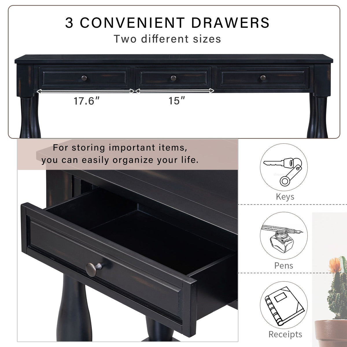 TREXM 63" Long Console Table with Drawers and Shelf