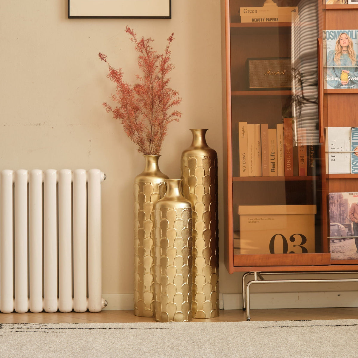 Floor Metal Vases Decorated White Metal Vases (Set of 3) Gorgeous Home Decoration Large Glazed Metal Vases - Golden