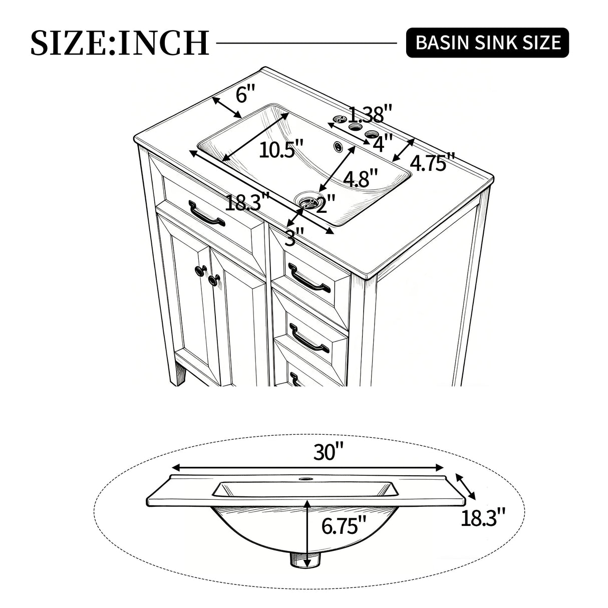 30" White Bathroom Vanity with Ceramic Sink