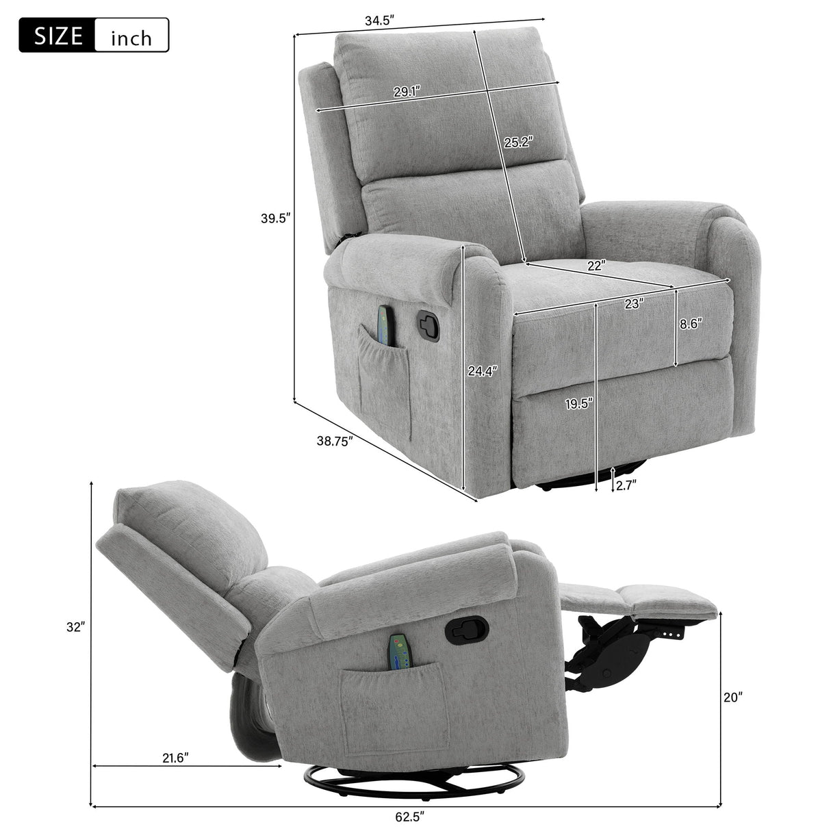 Manual Recliner Massage Chair with Swivel Rocker and 8 Massage Modes