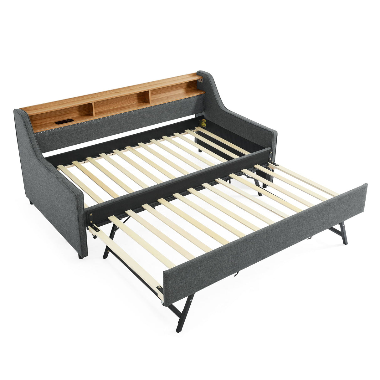 Upholstered Sofa Bed With LED Lights, Storage Headboard, Foldable Trundle & Wireless Charging