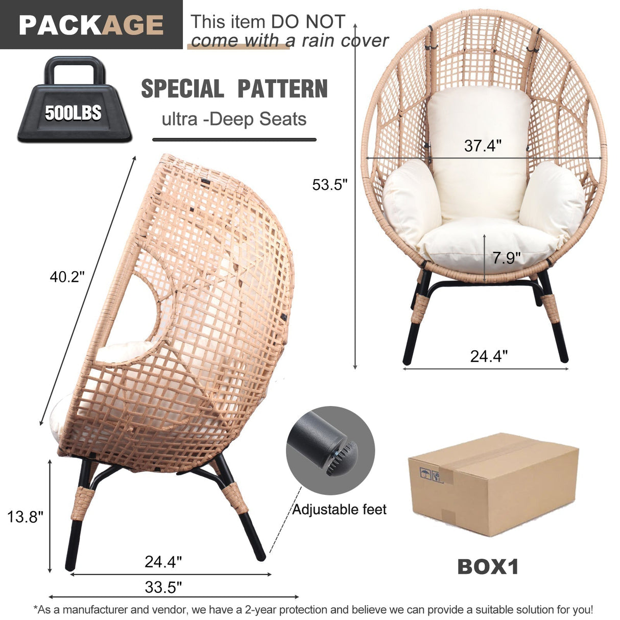 New Grid Style PE Wicker Weaving Patio Egg Chair with Natural Color Rattan Beige Cushion